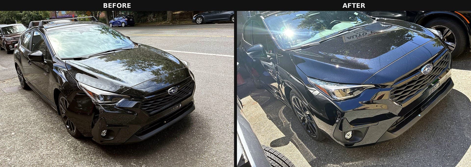 Subaru Impreza front-end collision repair — before and after at Tony's Greenwood Auto Body